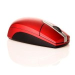 red-colored computer mouse with two buttons and scroll wheel